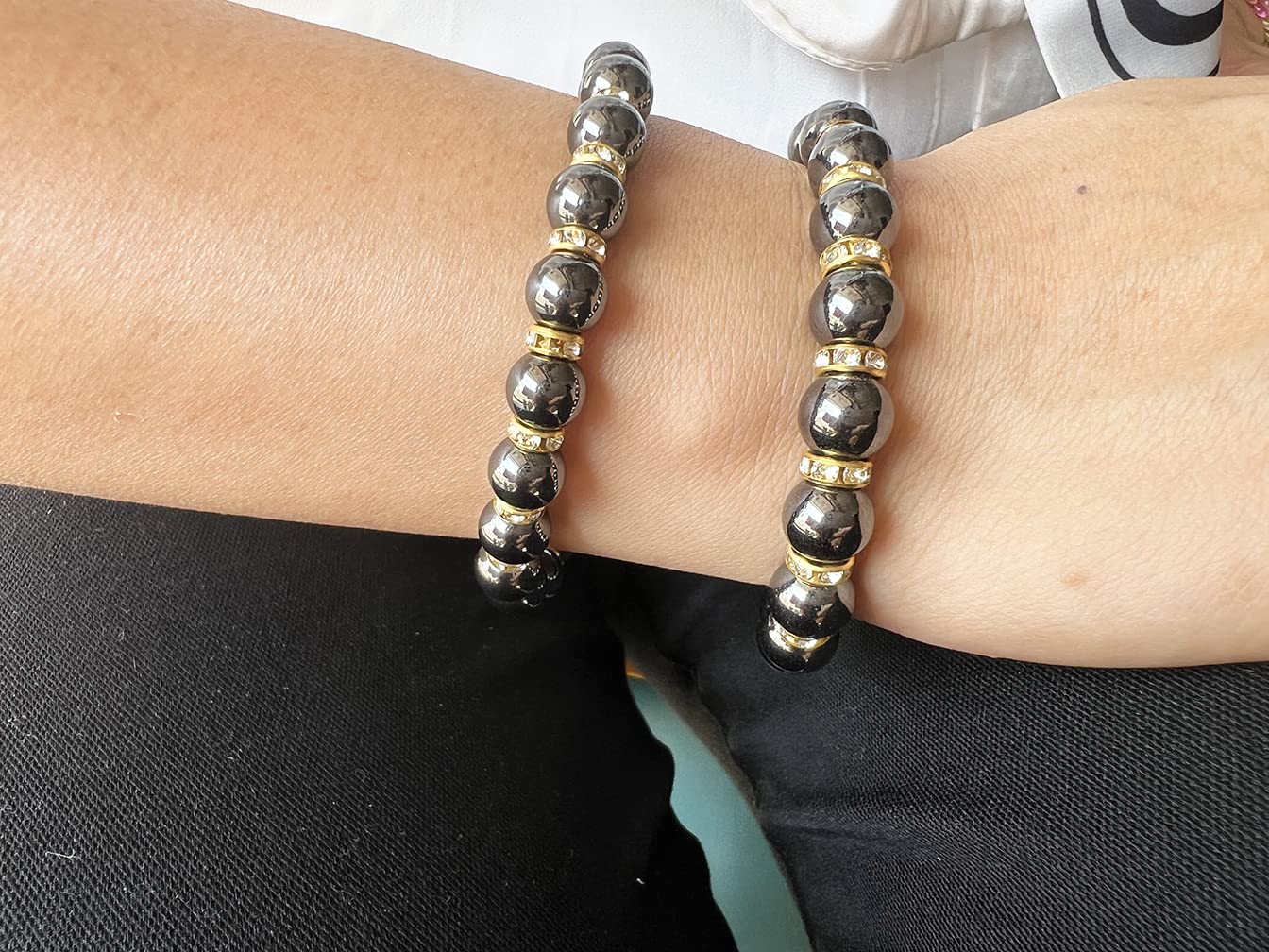 Apocalyptic-K Women's Magnetic Bracelet，Hematite Bracelets，Magnetic Bracelets With Zirconia,Handmade Stretch Bracelet，Eliminates static electricity. (Gold Zirconia,10MM)