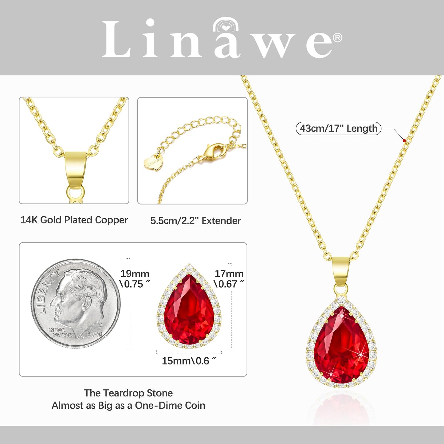 Jertom 14k Gold Plated Copper Pear-Shaped Teardrop CZ Diamond Ruby Pendant Necklace with Rhinestone Inlaid Fashion Necklace for Women Bride Bridesmaid, ruby teardrop gold