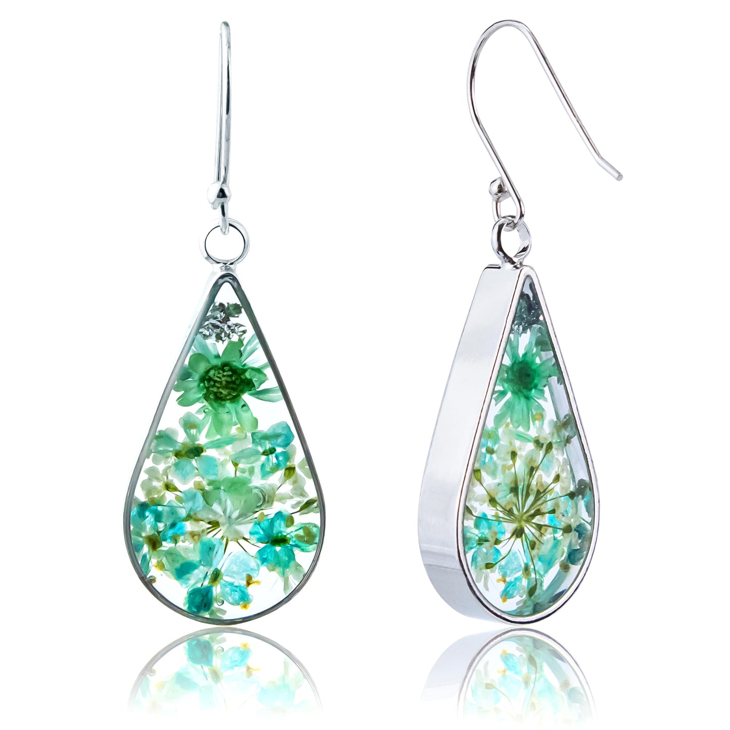 925 Sterling Silver Pressed Flower Teardrop Earrings,Hypoallergenic Women's Jewelry Gift for Mom,Handmade natural dried flower teardrop earrings Jewelry Gift (Green Silver)