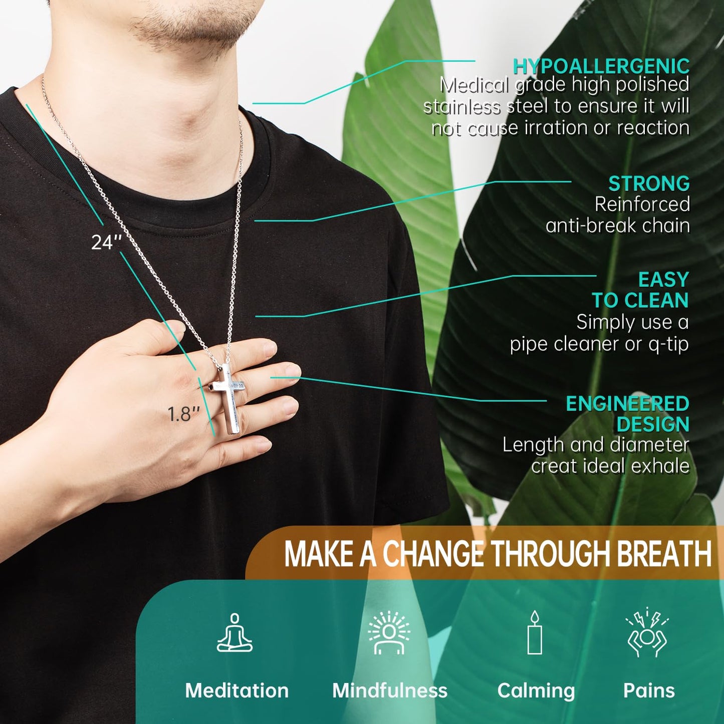 FUNPAR Cross Breathing Necklace for Anxiety, Inspirational Bible Verse Mindfulness Pendant Necklace, Stainless Steel Meditation Breathwork Tool, Anxiety Relief Items for Teens Gift(Silver 41: 10)