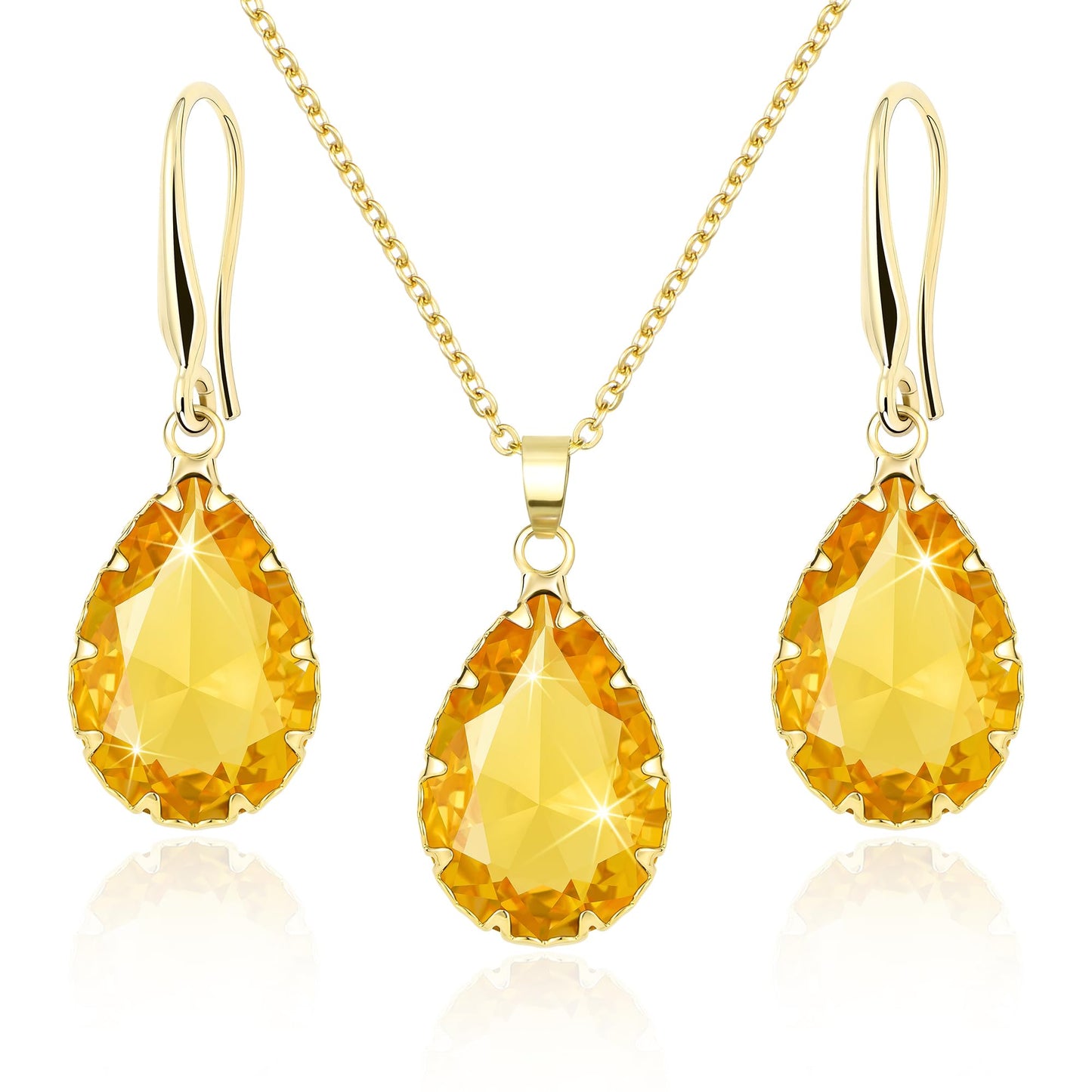 Linawe Yellow Jewelry Sets for Women, KC Imitation Gold Plated Pendant Necklace and Earrings Set, Imitation Diamond Fake Birthstone Crystal Rhinestone Teardrop Costume Jewelry for Women Sets