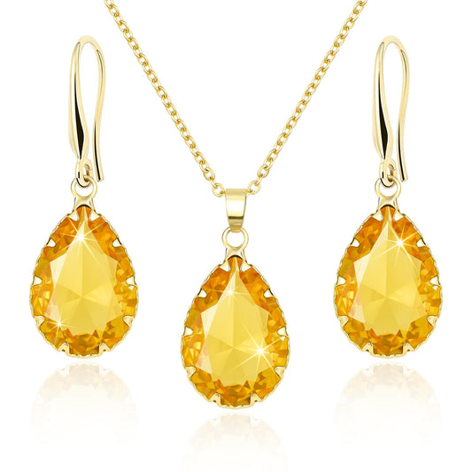 Linawe Yellow Jewelry Sets for Women, KC Imitation Gold Plated Pendant Necklace and Earrings Set, Imitation Diamond Fake Birthstone Crystal Rhinestone Teardrop Costume Jewelry for Women Sets
