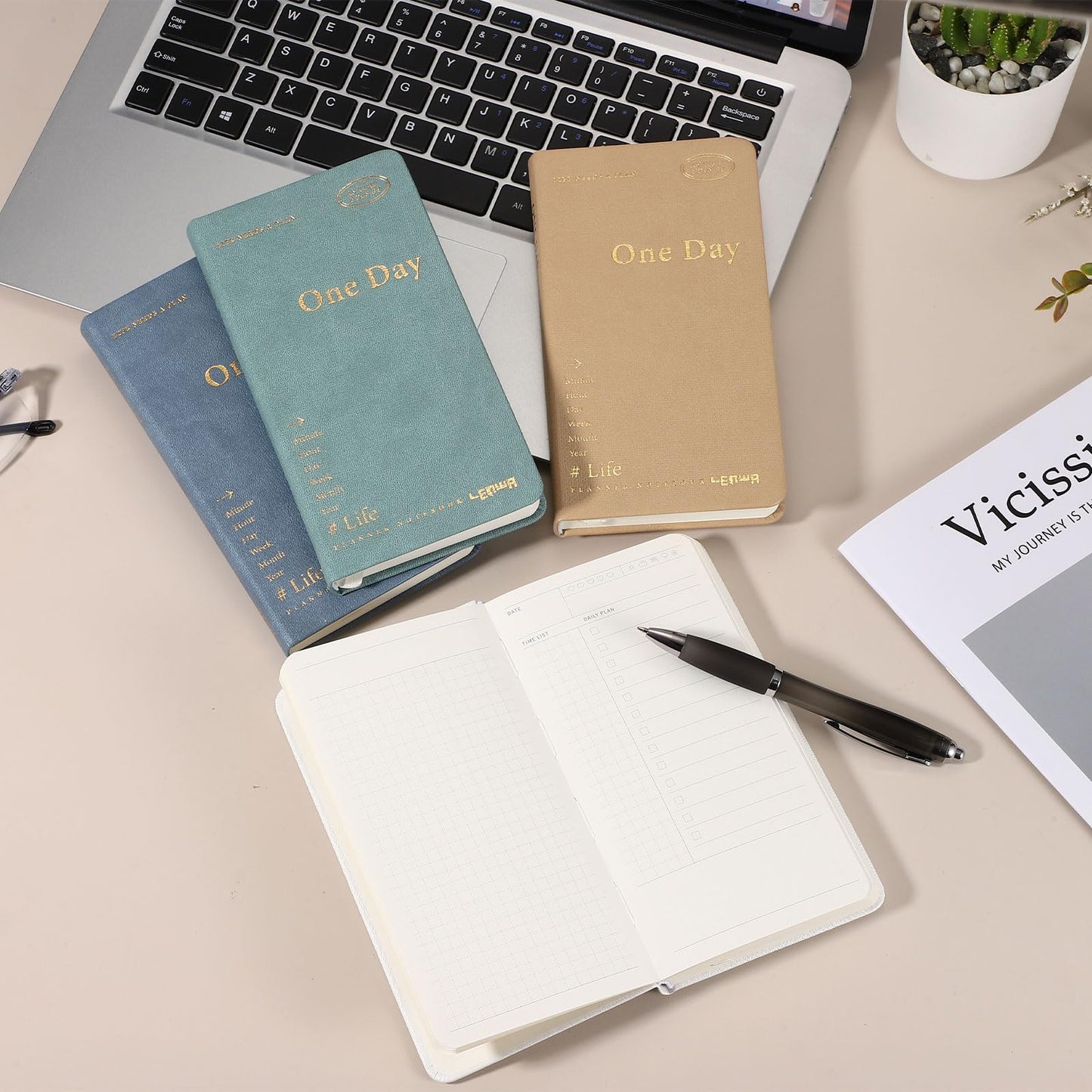PATIKIL 2Pcs Planner Notebook, 7 x 3.8" 96 Sheets Undated Daily Planner Pocket to Do List Daily Weekly Goals Notebook for Office Home Study Work Time Management Habit Tracker, Green, Brown