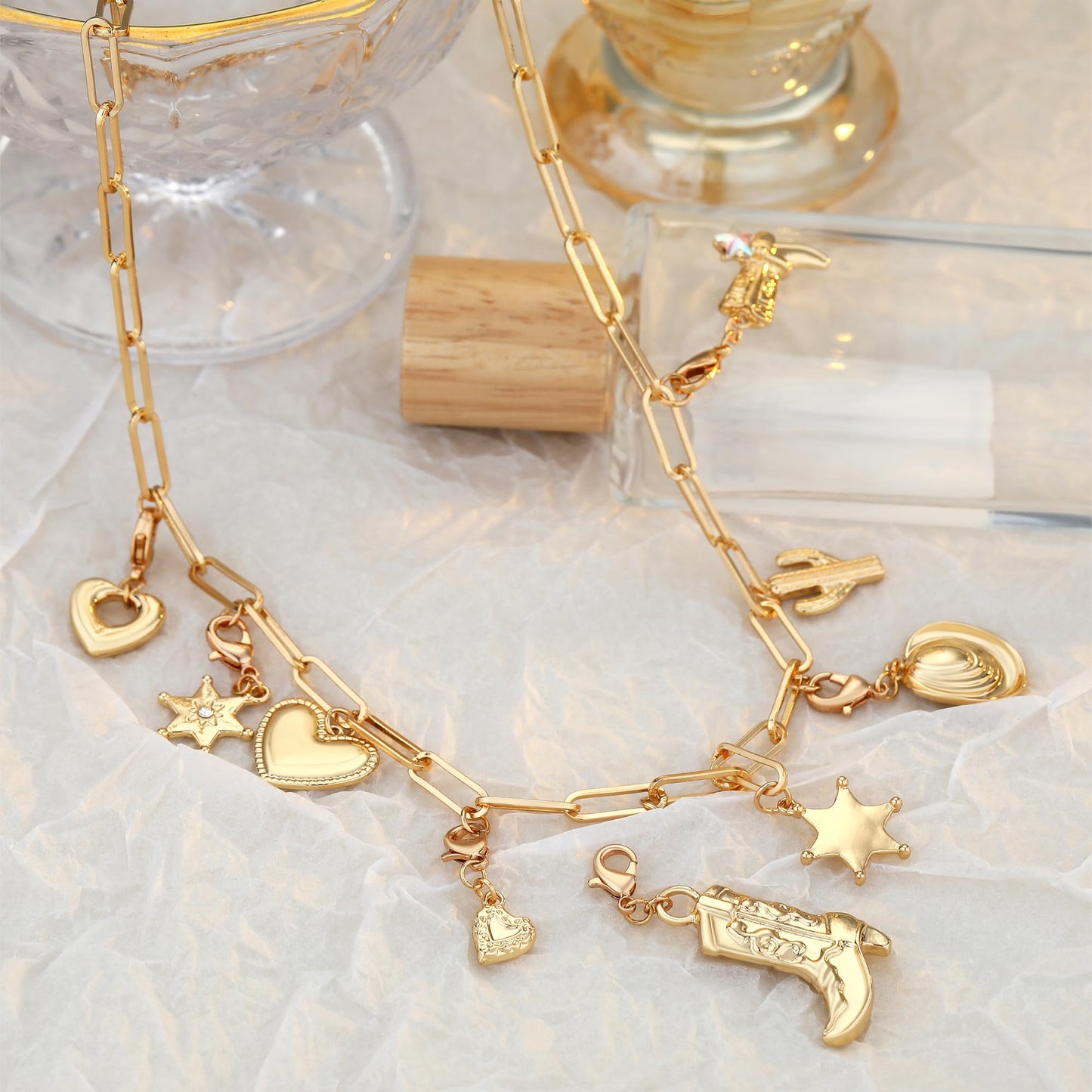 Women's Fashion Vintage Cactus Star Pendant Necklace - Detachable Multi Pendant Boot Charm Dainty Gold Chunky Paperclip Chain Layered Necklace Jewelry Gift for Her (Birthday, Valentine's Day, Christmas)