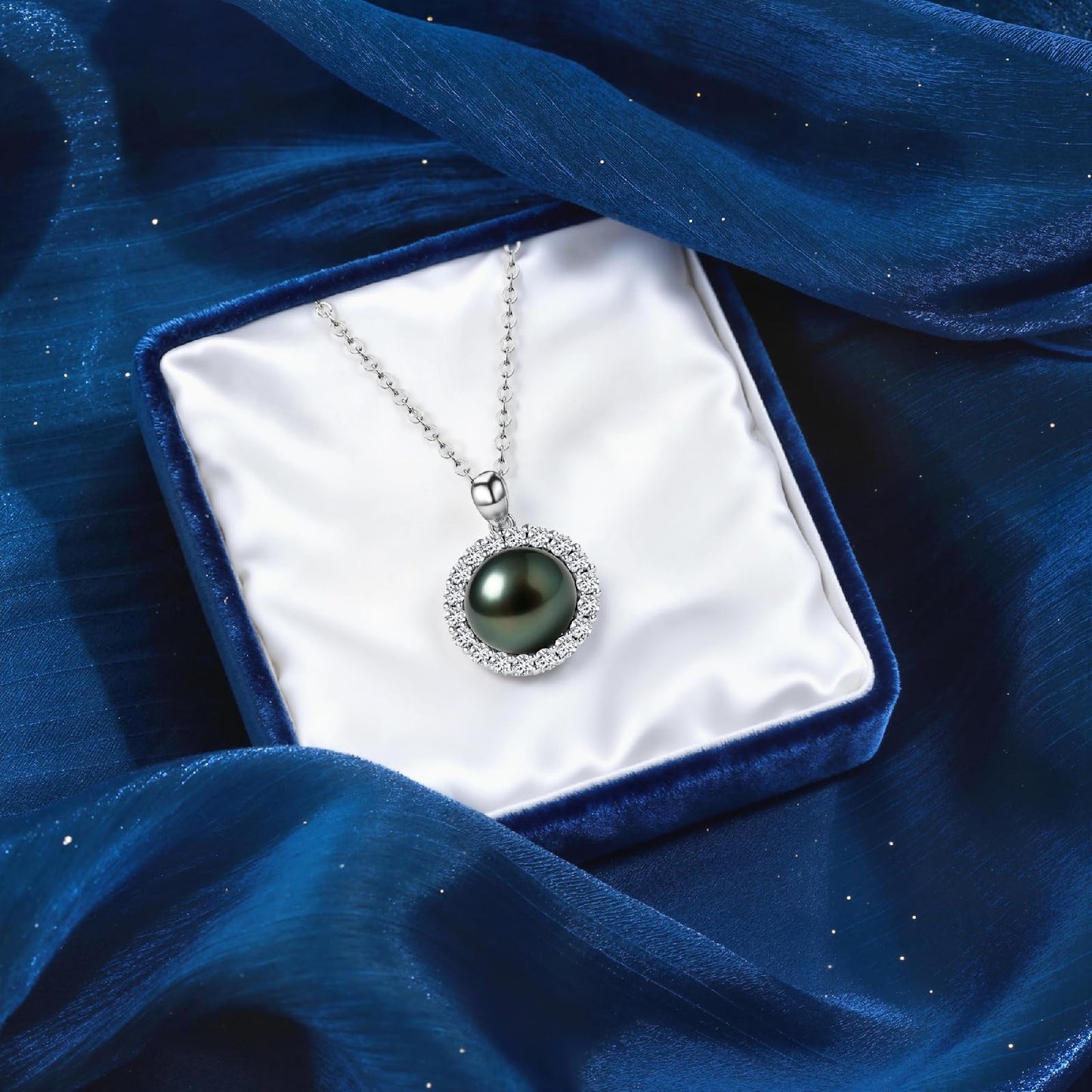 Genuine Tahitian Black Pearl Necklace - Christmas Gift for Wife Mom Daughter, Jewelry Gifts for Anniversary Wedding Birthday, 10-11mm Seawater Pearl with Sterling Silver Elegant Moissanite Pendant