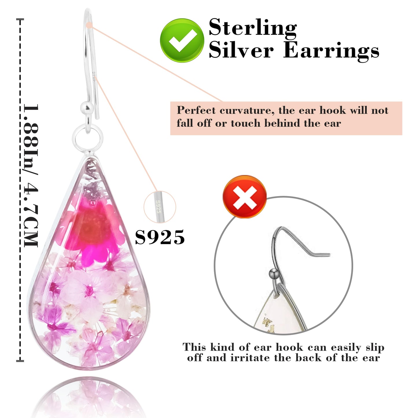 925 Sterling Silver Pressed Flower Teardrop Earrings,Hypoallergenic Women's Jewelry Gift for Mom,Handmade natural dried flower teardrop earrings Jewelry Gift (Emerald Rose Pink)