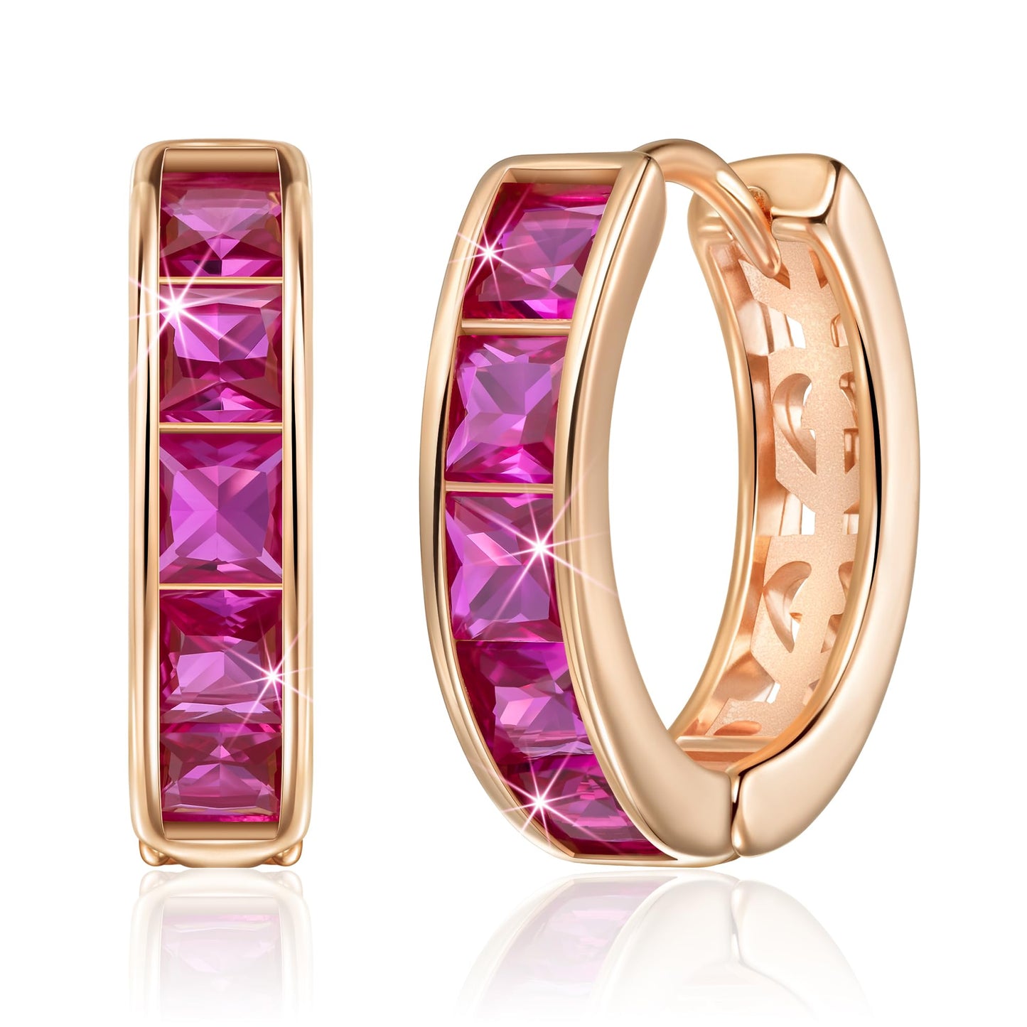 Linawe Hoop Earrings for Women, Rose Gold Huggie Earrings, Hot Pink Imitation Diamond Rhinestone Crystal Cubic Zirconia Cartilage Tragus Stud Earrings, Tiny Small Dainty Piercing Jewelry