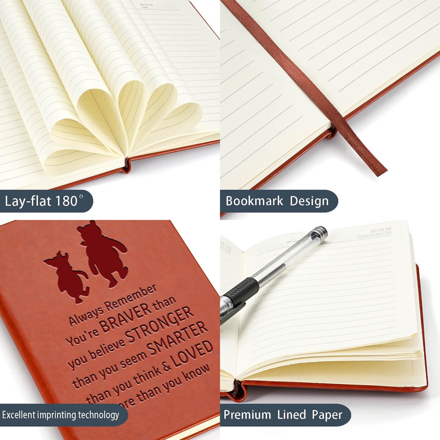 JOHSBYD Pooh Bear Leather Notebook Always Remember You’re Braver Than You Believe Leather Notebook Friendship Gift for Women Men Birthday Gifts for Son Daughter (brown)