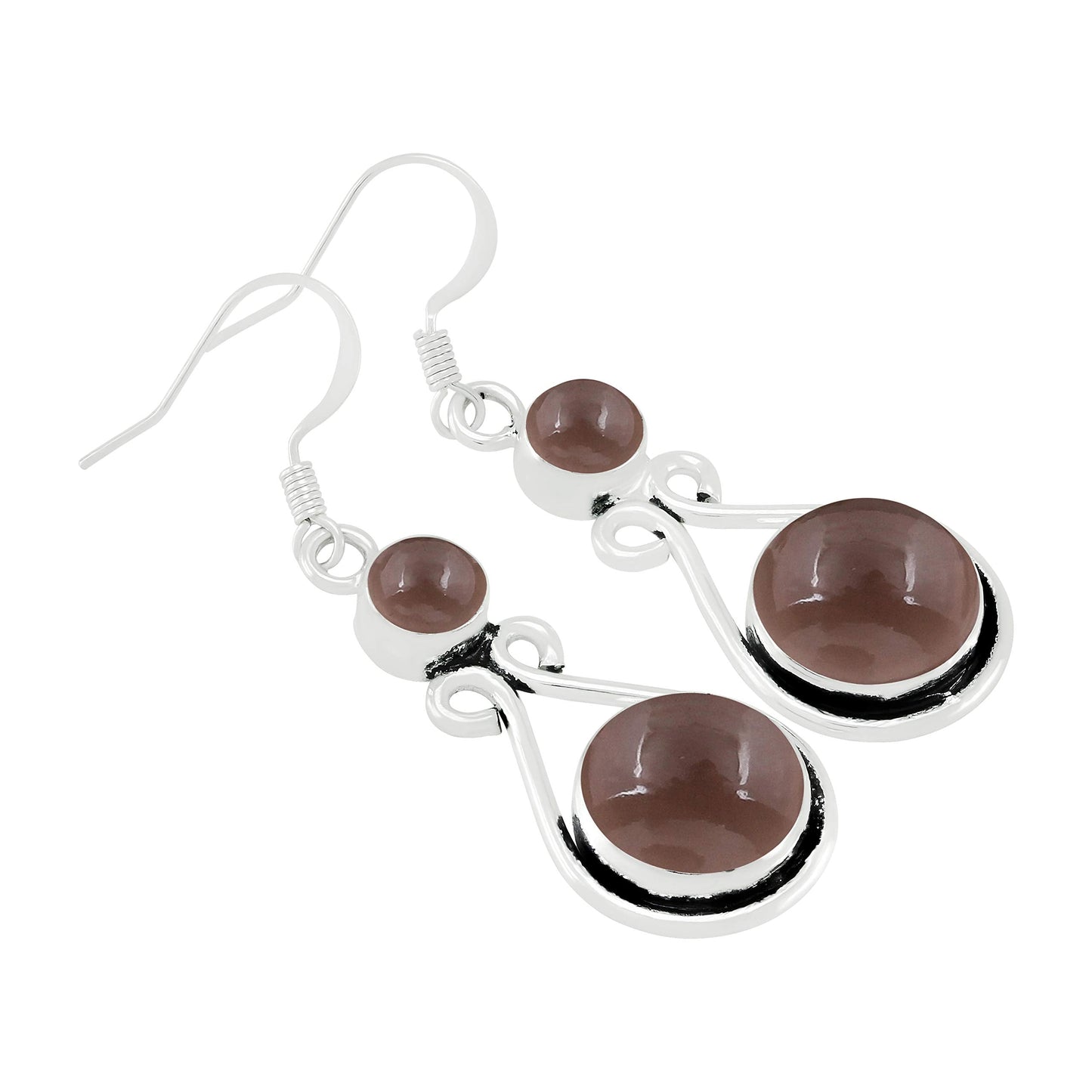 Natural Smoky Quartz Silver Plated Dangle Earrings for Women - November Birthstone Round Gemstones Drop Earrings Handmade Jewelry - Wedding Gift for Her