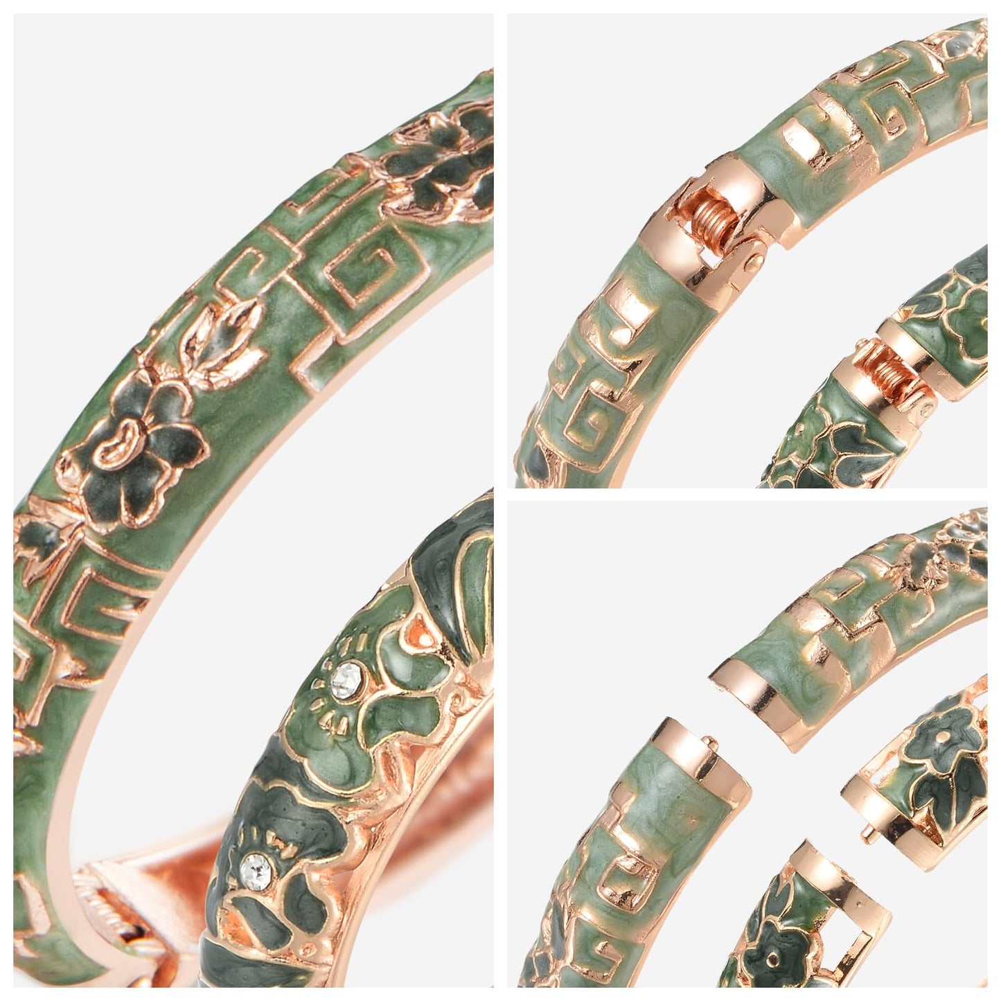 UJOY Vintage Cloisonne Bracelet Beautiful Flower Enamel Hinge Plated Bangles Jewelry for Women's Gifts 88A08-55A114 Green