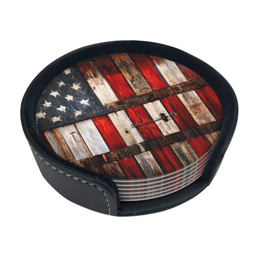 GVGOAGL Rustic Barn Door Vintage American Flag Coasters for Drinks Round Leather Coaster with Holder Set of 6 for Tabletop Protection Desk Accessories Office Home Room Decor