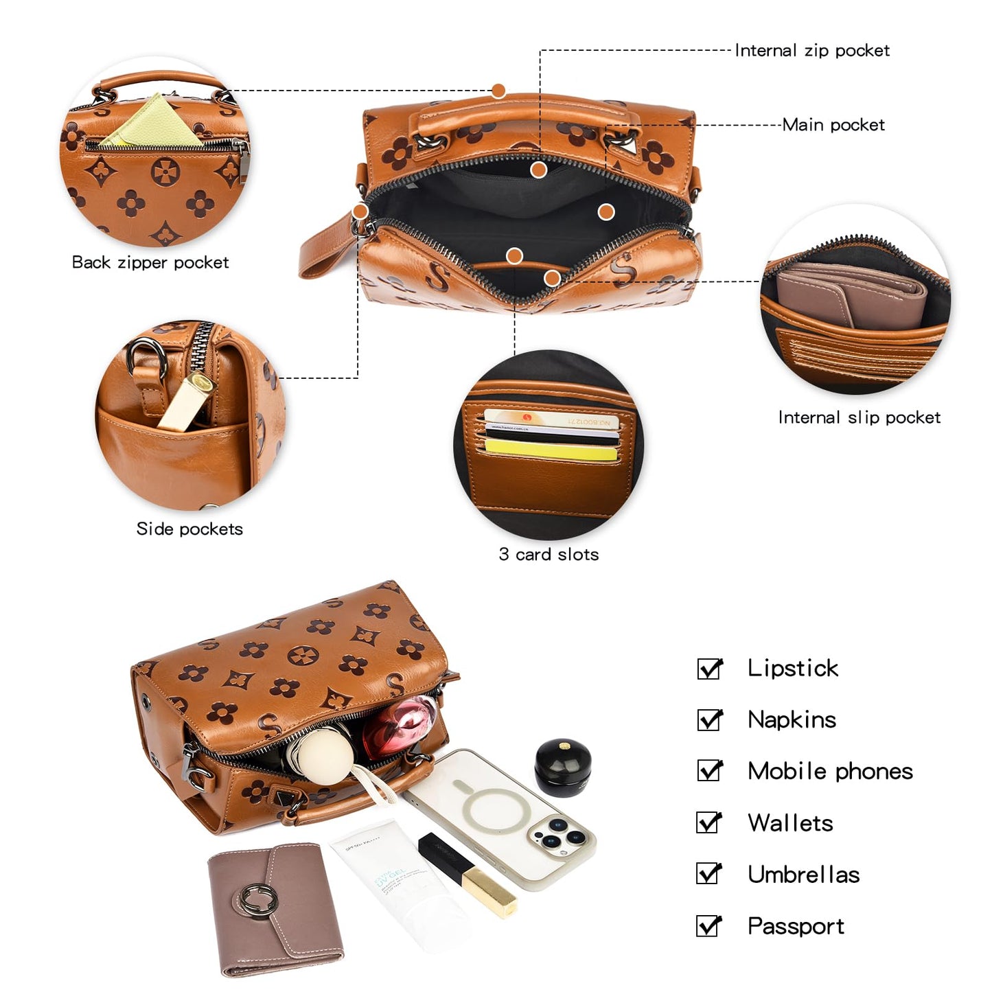 Travistar Crossbody Handbags and Purses Women - Small Retro Embossed Vegan Leather Cross Body Top Handle Handbag Women's Shoulder Bag Trendy Tote Purse Ladies Satchel Bags with Adjustable Strap Brown