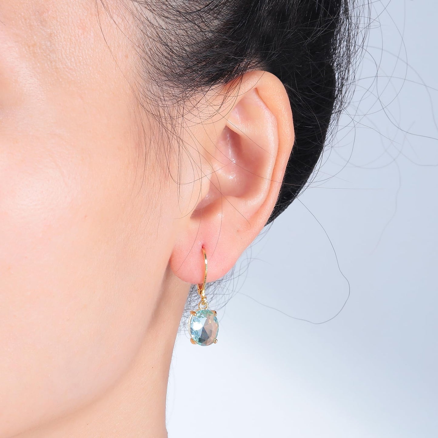 CiNily Cut-Oval Leverback Dangle Earrings for Women Light Blue Cubic Zircon 14K Gold Plated Hypoallergenic Hanging Earrings Lightweight Summer Drop Earrings Party Wedding Birthday Gifts