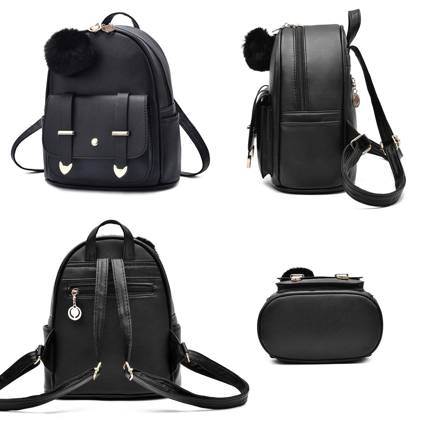 I IHAYNER Girls Fashion Mini Backpack Purse for Women & Teenage Girls - PU Leather Pompom Backpack Shoulder Bag - Black