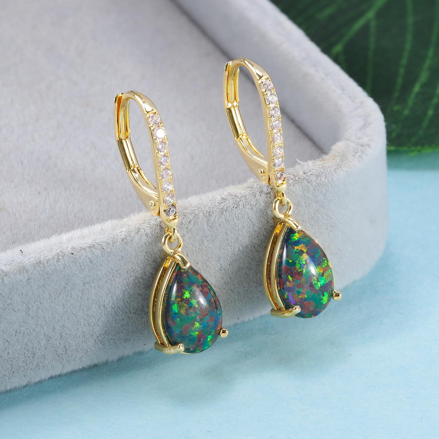 Leverback Black/Green Opal Dangle Earrings 14k Yellow Gold Plated Drop Earrings for Women Teardrop Earrings Elegant Jewelry Gifts for Mothers Day Birthday Party