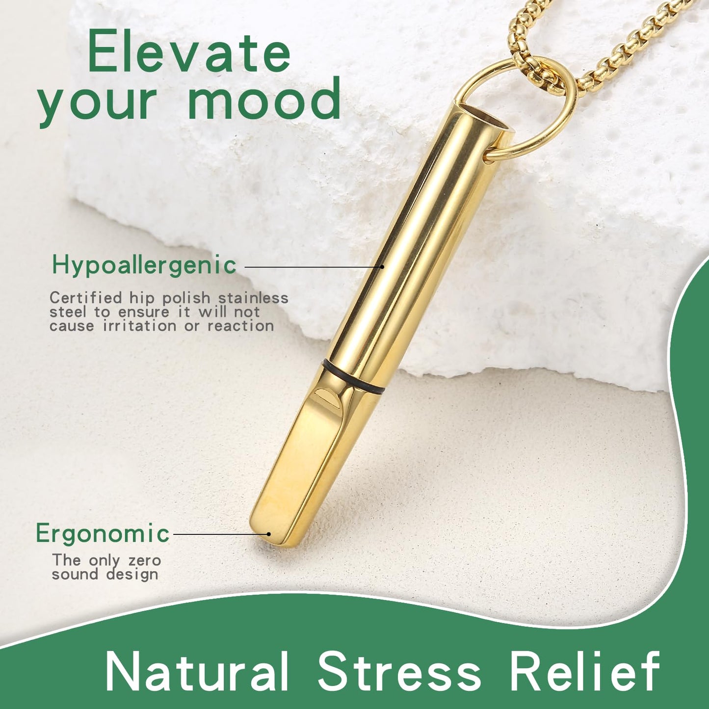 hooppoo Quit Smoking Necklace, Anxiety Relief Breathing Inhaler with Essential Oil Pad - Aromatherapy Diffuser Pendant for Smokers, Stainless Steel Necklace for Women & Men (Gold)