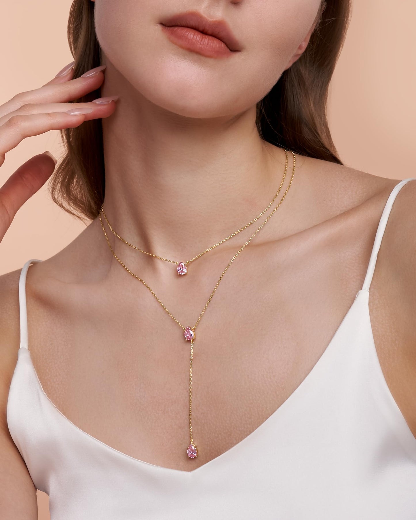 SNGIA Long 18K Gold Plated Blue Green Red Layered Pendant Necklace For Women (Emerald, Ruby, Seafoam, Sky, Sapphire, Pink), Dainty Birthstone Necklace, Statement Necklace Jewelry Gifts.