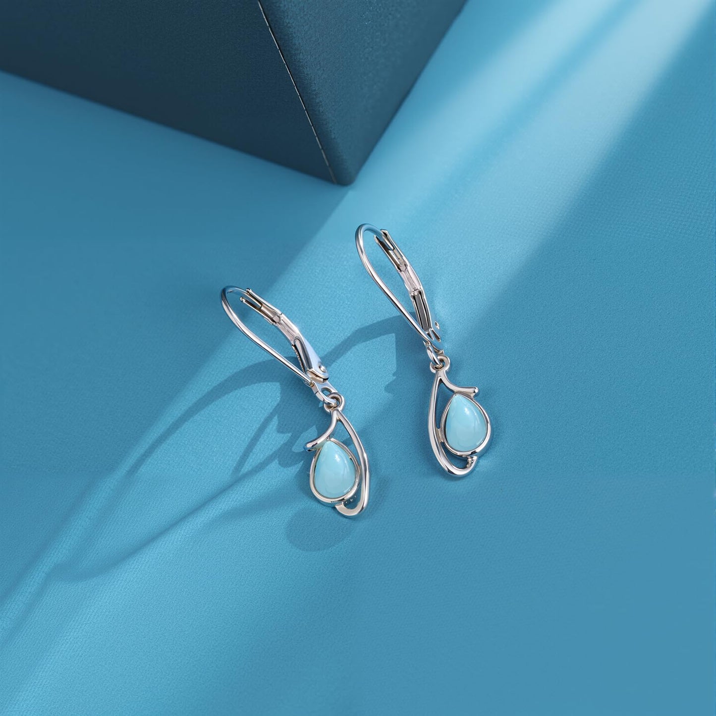 Gemsme Blue Larimar Dangle Earrings - 925 Sterling Silver Hypoallergenic Teardrop Drop Leverback Earrings Jewelry for Women