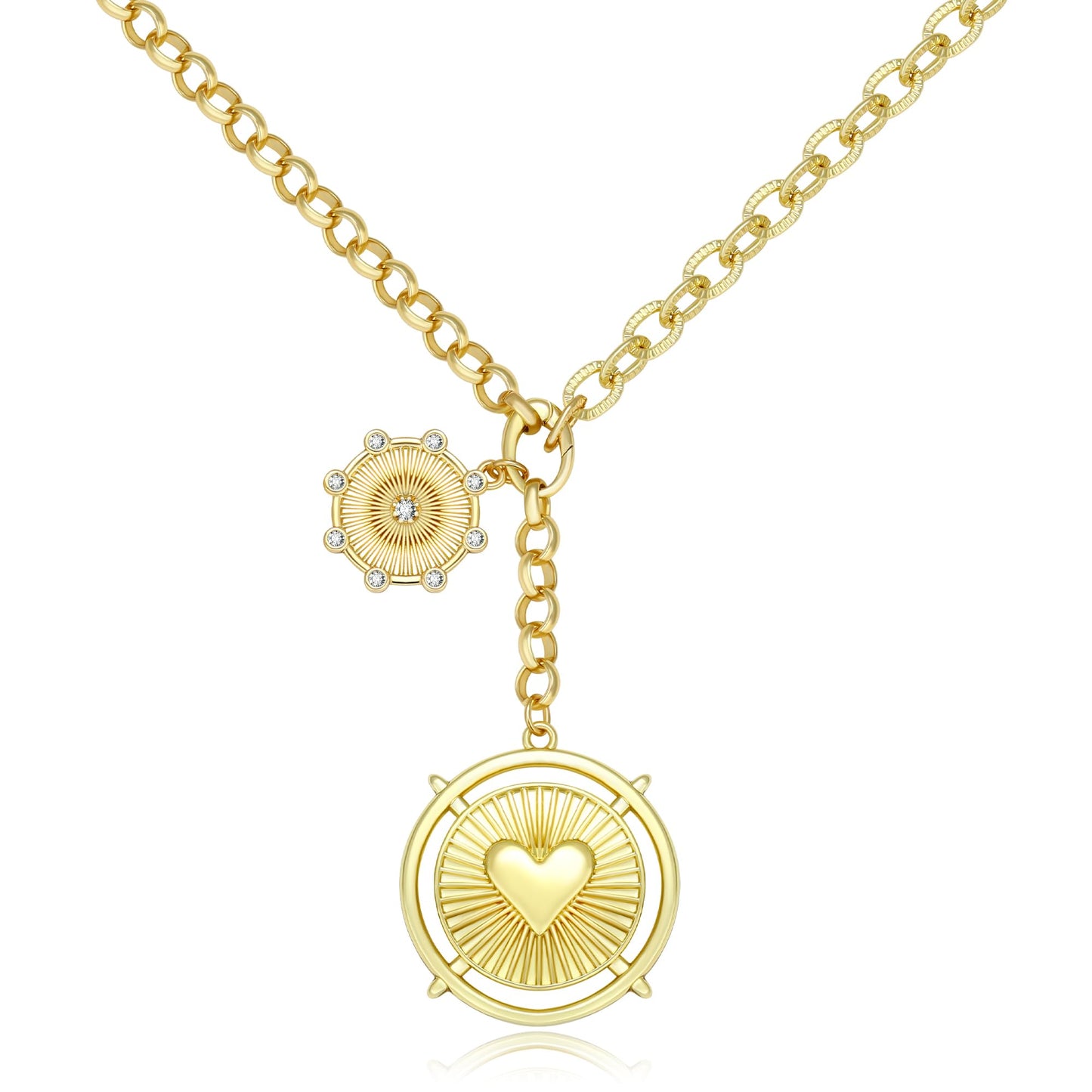 BONJOULRY Chunky Gold Heart Sun Coin Charm Necklace for Women Non Tarnish 18K Gold Plated Thick Paperclip Chain Hip Hop Choker Necklaces Trendy Vintage Jewelry Holiday Gift