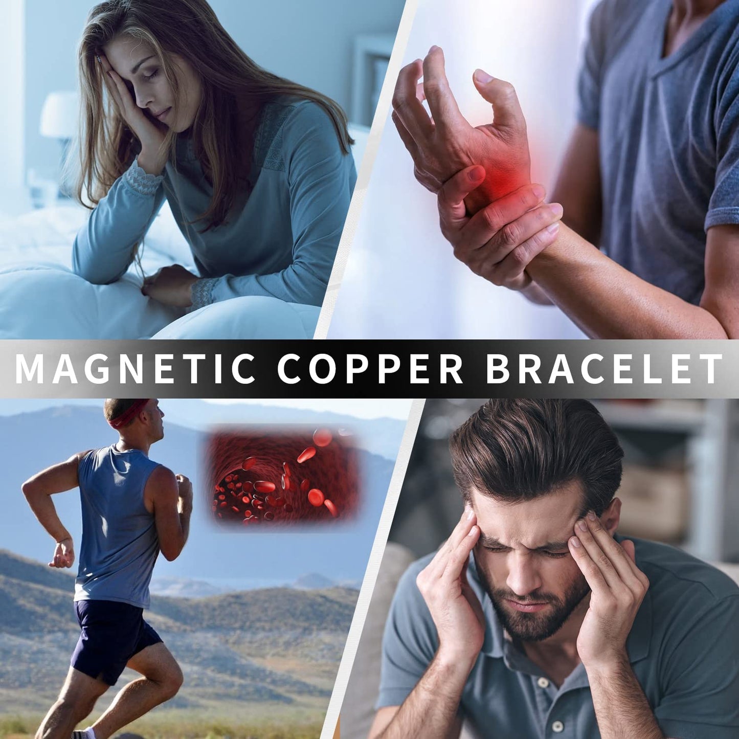 MagEnergy Copper Cross Bracelet for Men - Ultra Strength Magnetic Copper Mens Cross Bracelets - Adjustable Copper Bracelet with Sizing Tool Jewelry Box(Black)