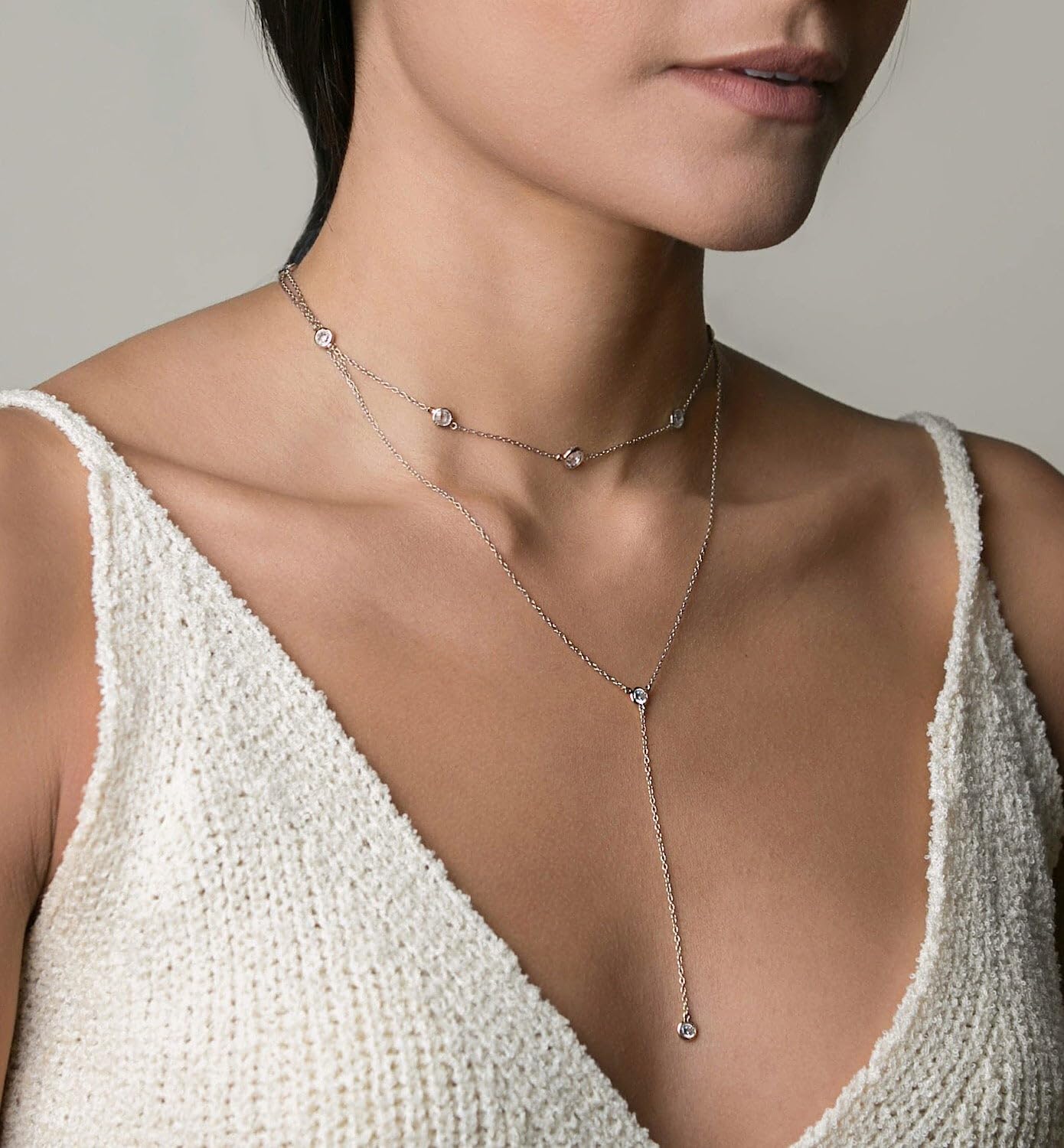 JIKASI Drop Lariat Necklace for Women，Y-Shaped Silver Diamond Pendant, Elegant Jewelry Gifts for Women