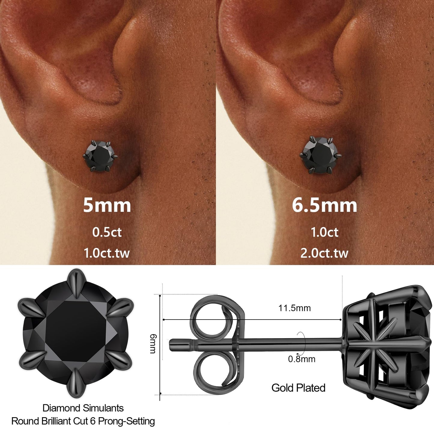 KRKC Moissanite Earrings for Men Women, Black Diamond Earrings for Men, D Color VVS1, 925 Sterling Silver Solitaire Stud Earrings, Black Tone Plated Earrings for Men, Valentine's Day Gifts, 1.6CT