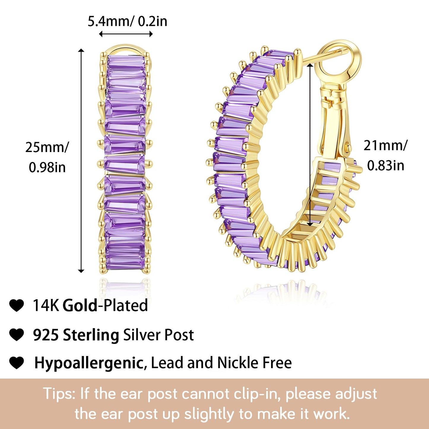 GLOQUAT Gold Purple Hoop Earrings 14K Gold Plated Amethyst Earrings for Women Purple Rhinestone Earring Lavender Earring Round Circle Hoops Vintage Baguette Cubic Zirconia Hoop Jewelry for Women 25mm