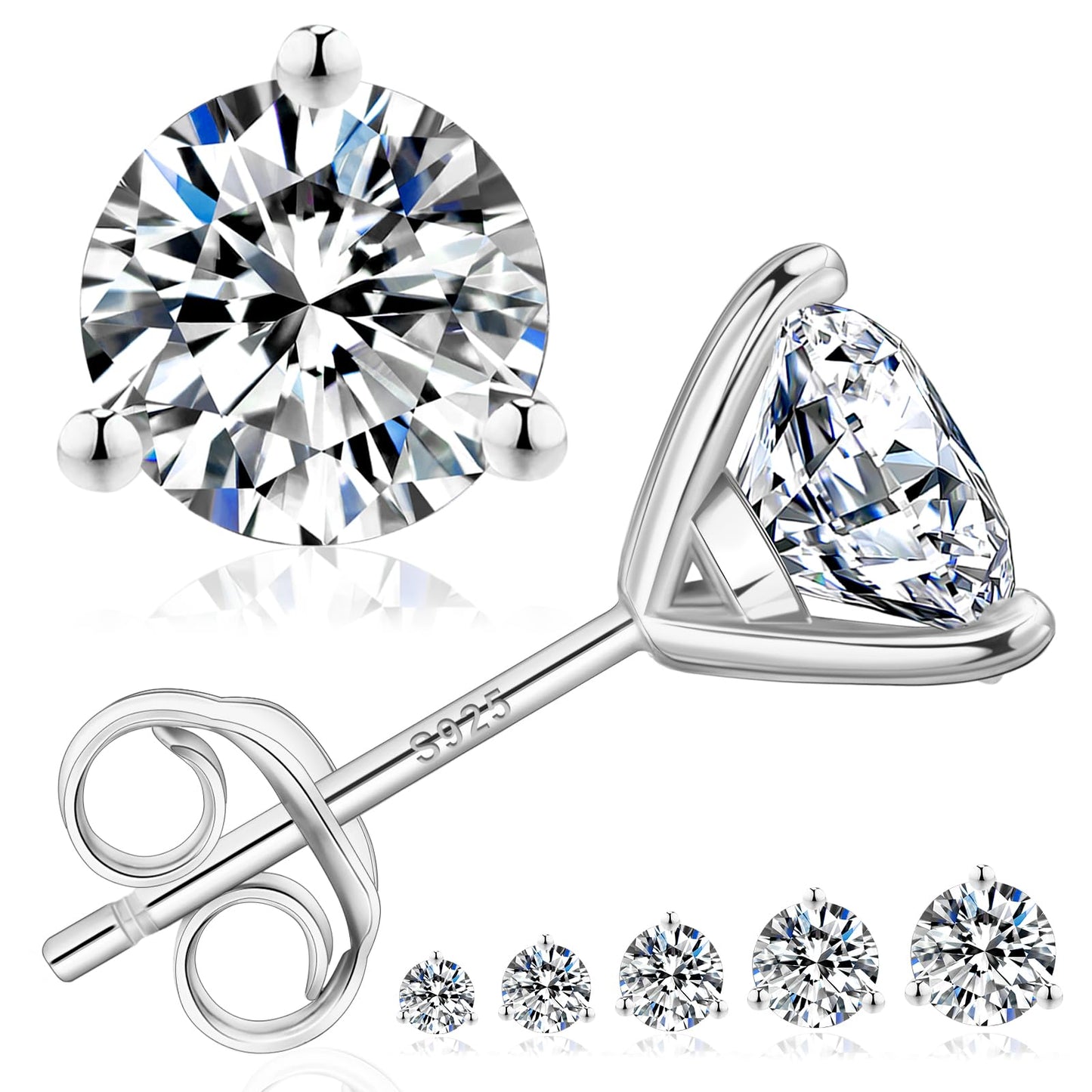 KRKC 1-2ct Moissanite Stud Earrings, D Color VVS1 Clarity, Lab Created Diamond Stud Earring for Women, 14K White Gold S925 Sterling Silver Earrings Friction Back for Women Men, Hypoallergenic
