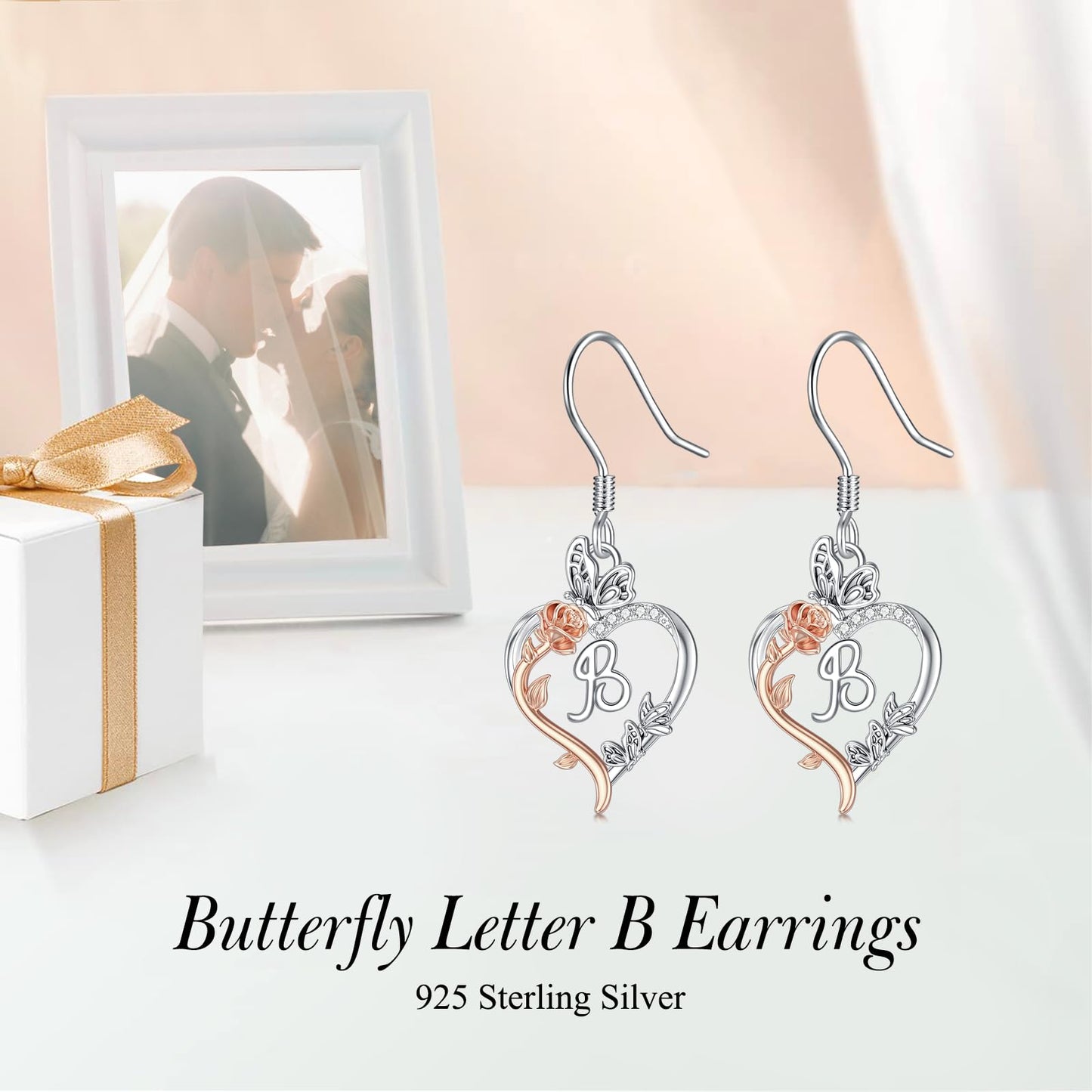 TOUPOP Rose Heart Initial Earrings Sterling Silver Butterfly Earring Initial B Letter Drop Dangle Earrings Jewelry Anniversary Birthday Mothers Day Gifts for Women Mom Wife Girlfriend Her