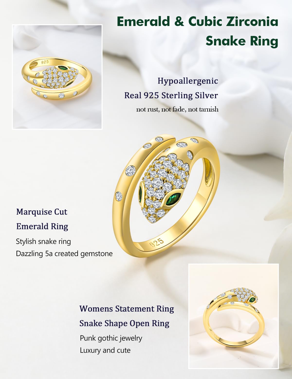 RANDES 14K Gold Plated Fashion Snake Statement Adjustable Ring Sterling Silver Cocktail Punk Jewelry Emerald Cz Snake Rings for Women Size 6