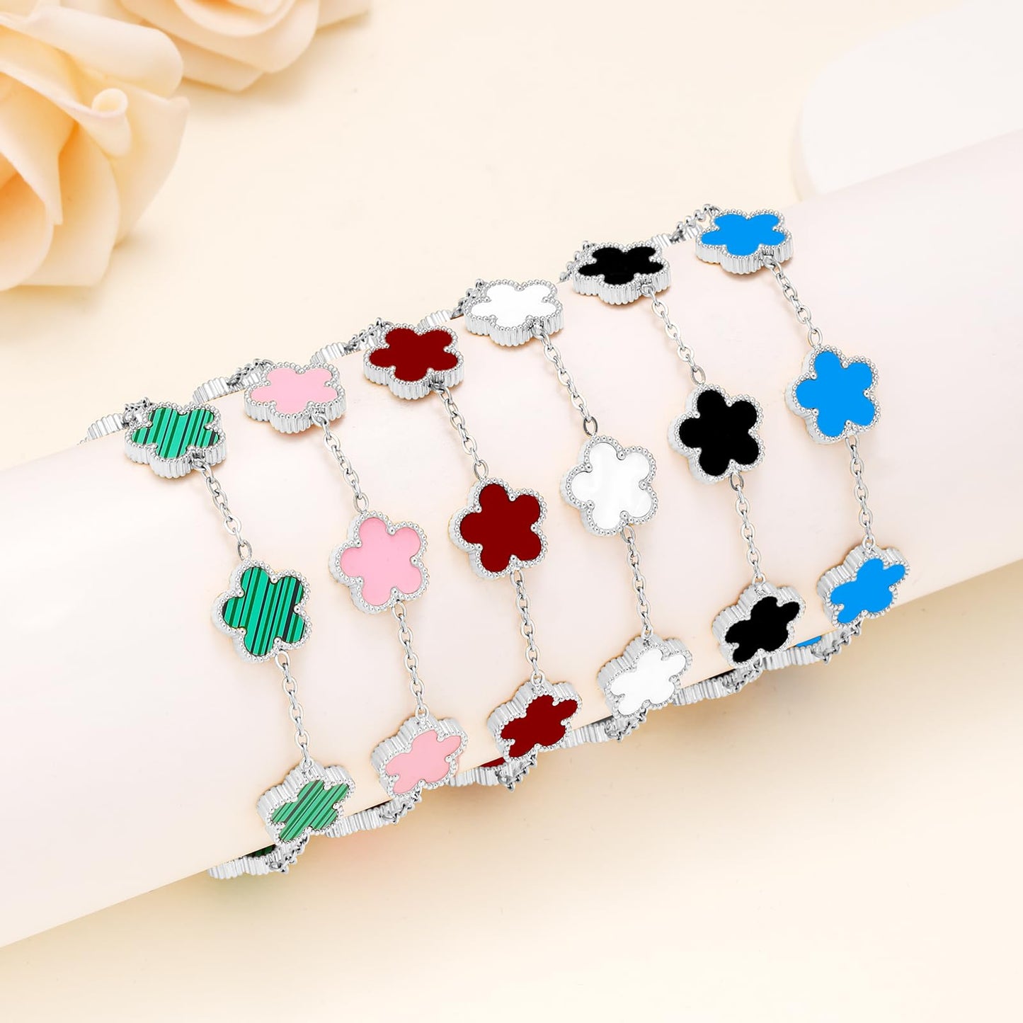 18K Gold Plated Womens Stackable Floral Bracelets Set,Twisted Cable Bangle,Trendy Jewelry,Waterproof adjustable bracelet,Christmas Birthday Gifts for Girlfriend or Mother. (11- 6Pcs Silver Floral B)