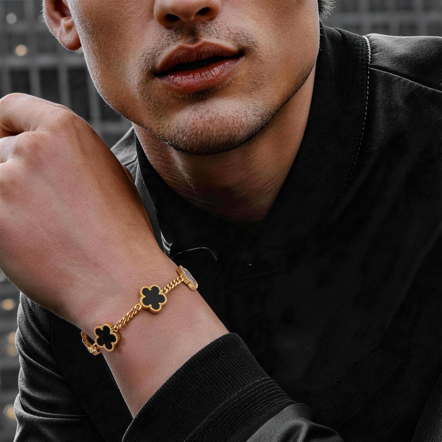 VNOX 2 PCS Floral Bracelets for Men Women -Womens Mens Stainless Steel Gold Cuban Chain Link Bracelet Lucky Charm Four Clover Flower Bracelets Trendy Jewelry Gifts，7