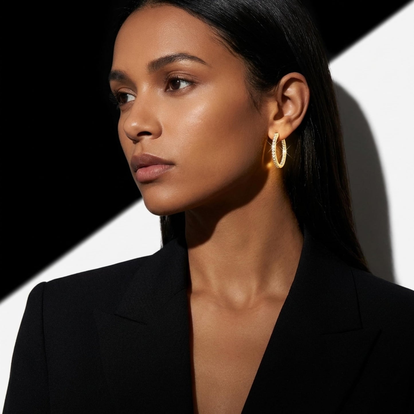 Suiune 14K Yellow Gold Hoop Earrings for Women, Hypoallergenic Dual-Sided Cubic Zirconia Hinged Hoops Jewelry for Woman, 2mm x 35mm