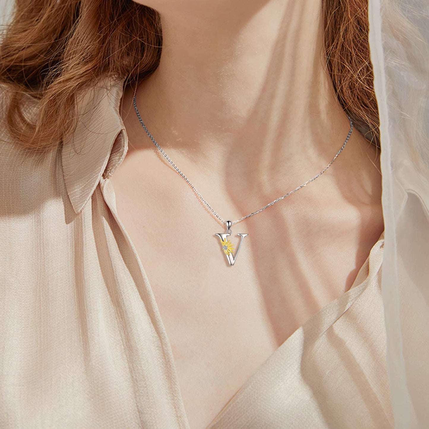 POPLYKE Sterling Silver Initial Alphabet Letter Script Name Pendant Chain Necklace for Women for (Sunflower V)