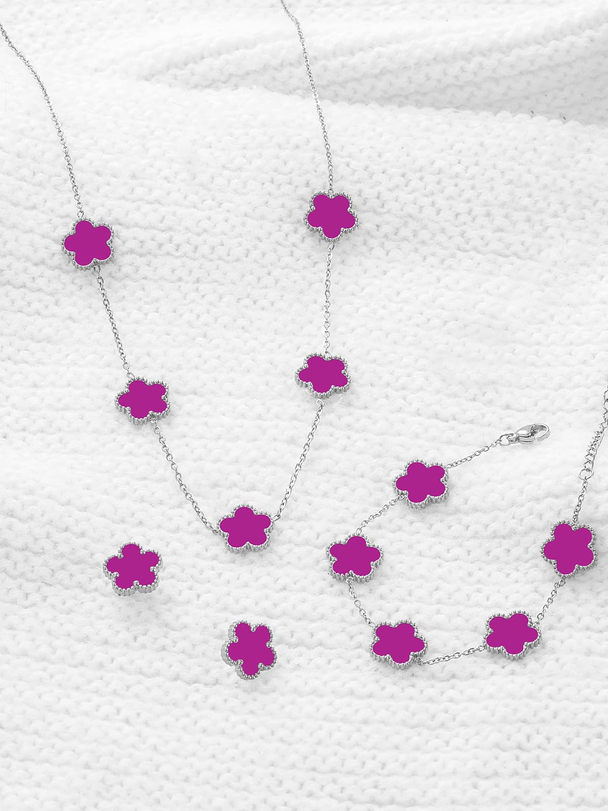 Qinpan Five Leaf Clover Necklace Bracelet and Stud Set for Women Lucky Flower Jewelry (Purple-Stainless Steel)