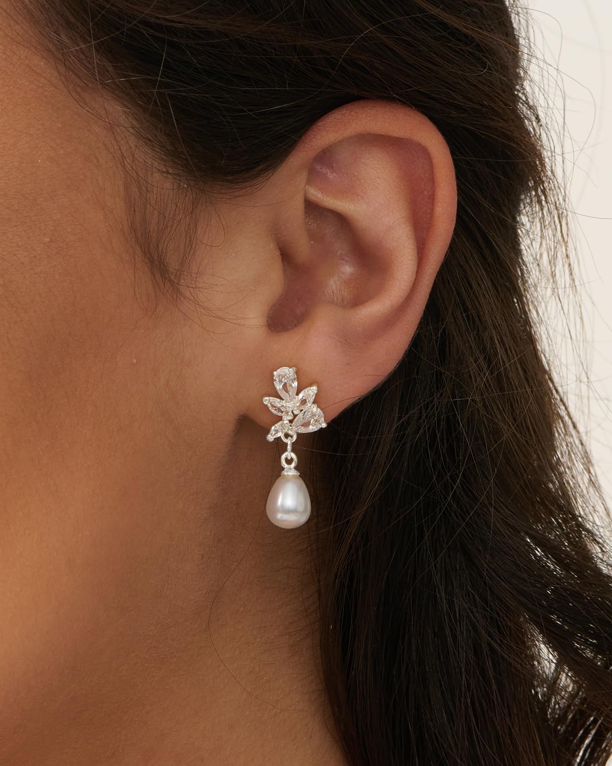 PRTGL Pearl Earrings: 14k White Gold-plated Cubic Zirconia Accented Teardrop Pearl Drop Wedding Engagement Earrings For Women Bridal Bridesmaid (Leaf Designed)