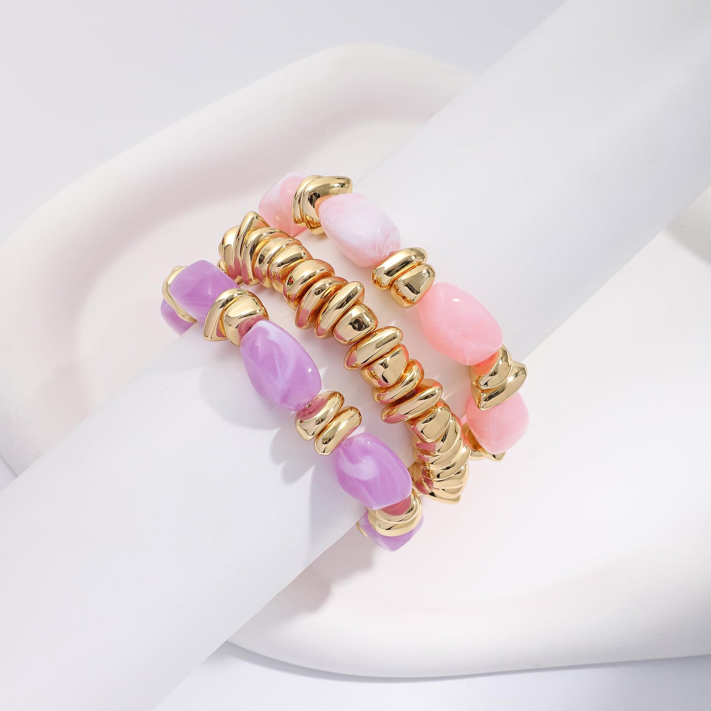 Sajidos Gold Plated Beaded Bracelets for Women Trendy, 14K Gold Plated Stack Cross Pearl Gold Plated Bead Stretch Bracelets Set Elastic Hypoallergenic Bracelets Jewelry Gifts (style13-pinkpurple)