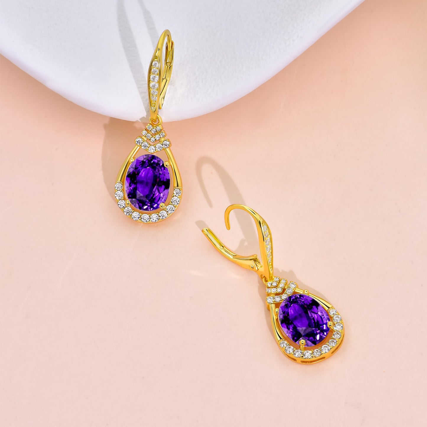 Purple Amethyst Earrings for Women 18K Gold Plated February Birthstone Teardrop Dangle Earrings Sterling Silver Leverback Drop Formal Earrings Evening Wear Birthday Gifts