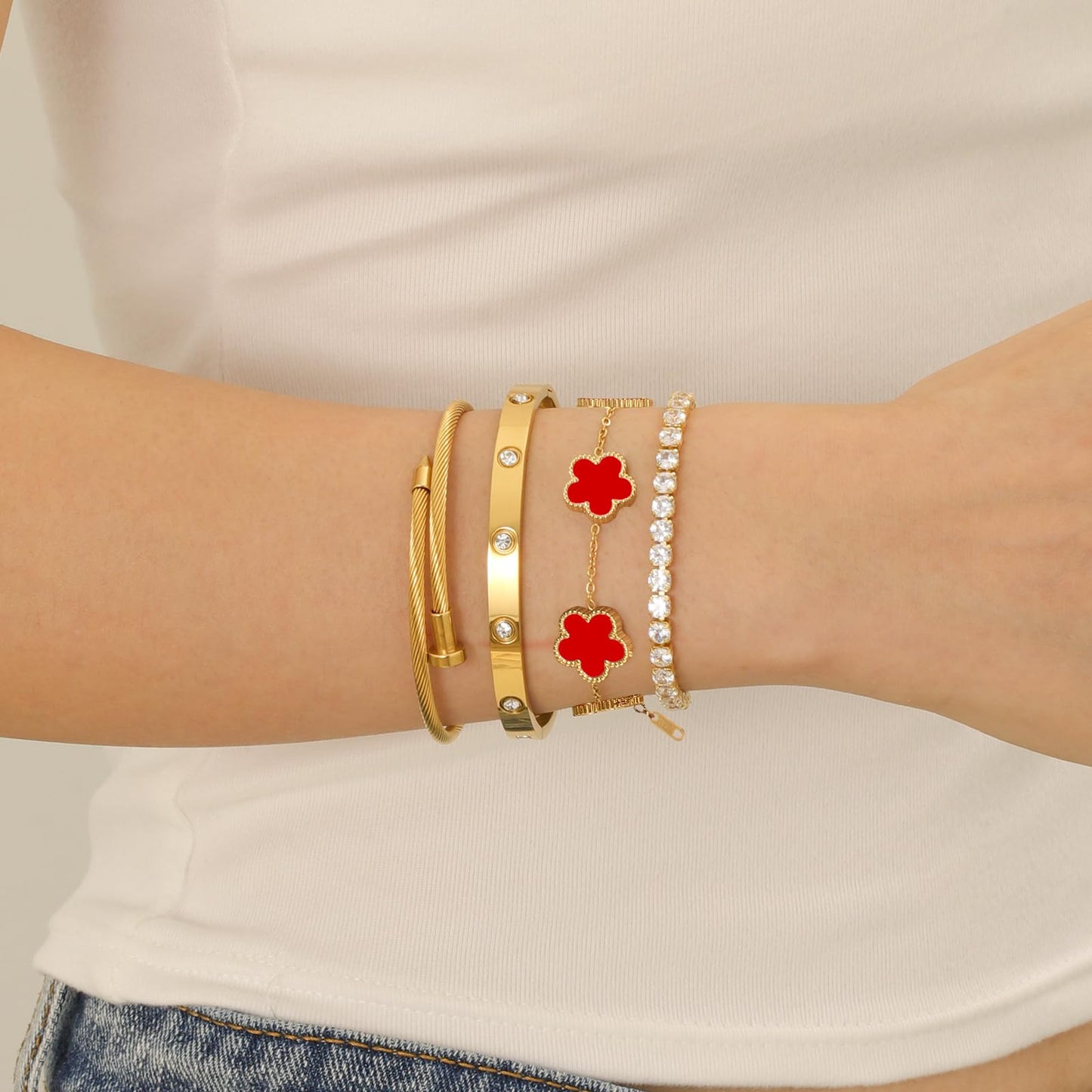 Gold Bracelets for Women, 18K Gold Plated Women Tennis Bracelets Clover Nail Love Bangle Bracelet Set, Gold Bracelet Stackable Set Trendy Jewelry, Gifts for Women's Day and Mother's Day (05-Color-red)