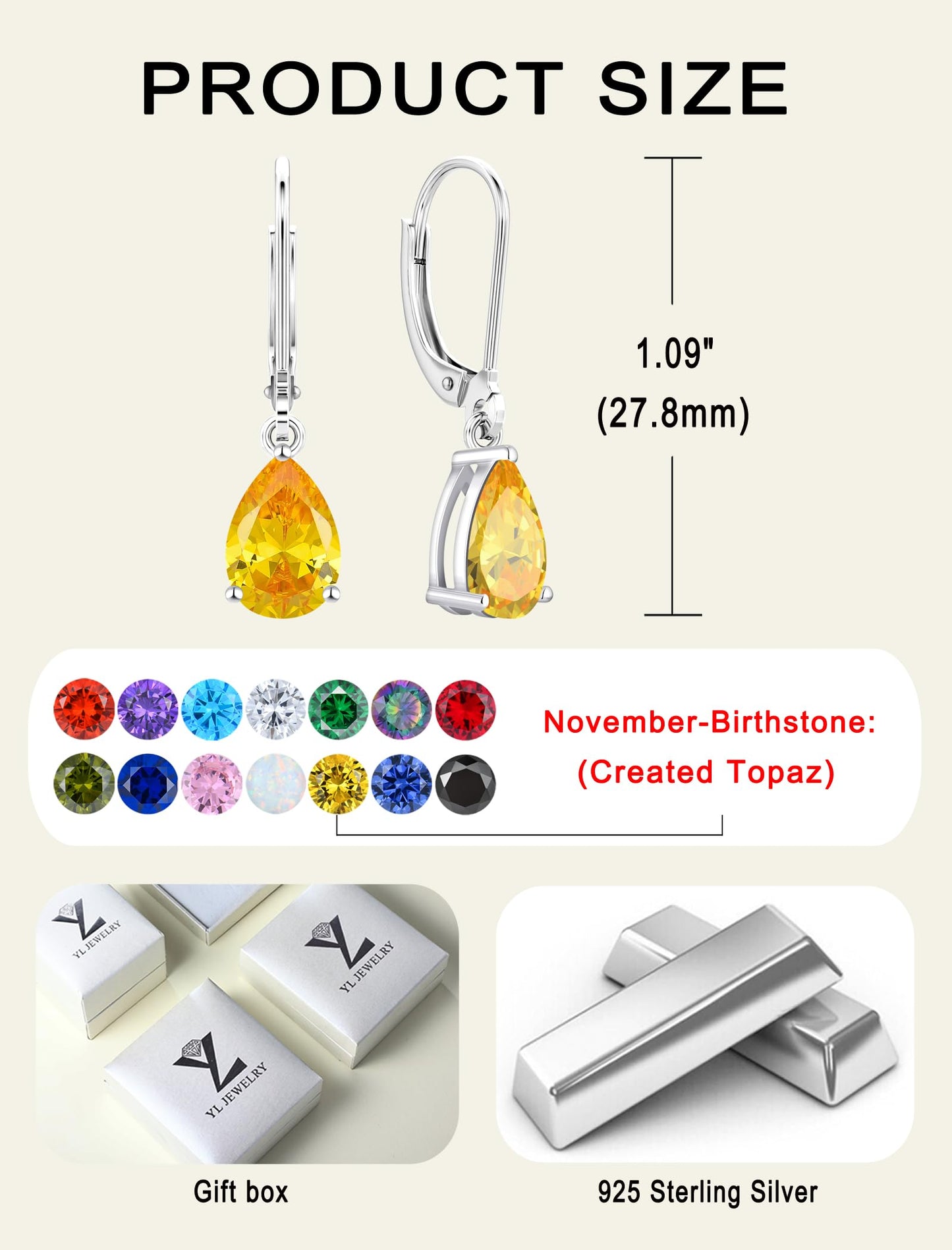 YL 925 Sterling Silver Teardrop Dangle Drop Earrings for Women 7x10 MM Solitaire Created Topaz Leverback Jewelry