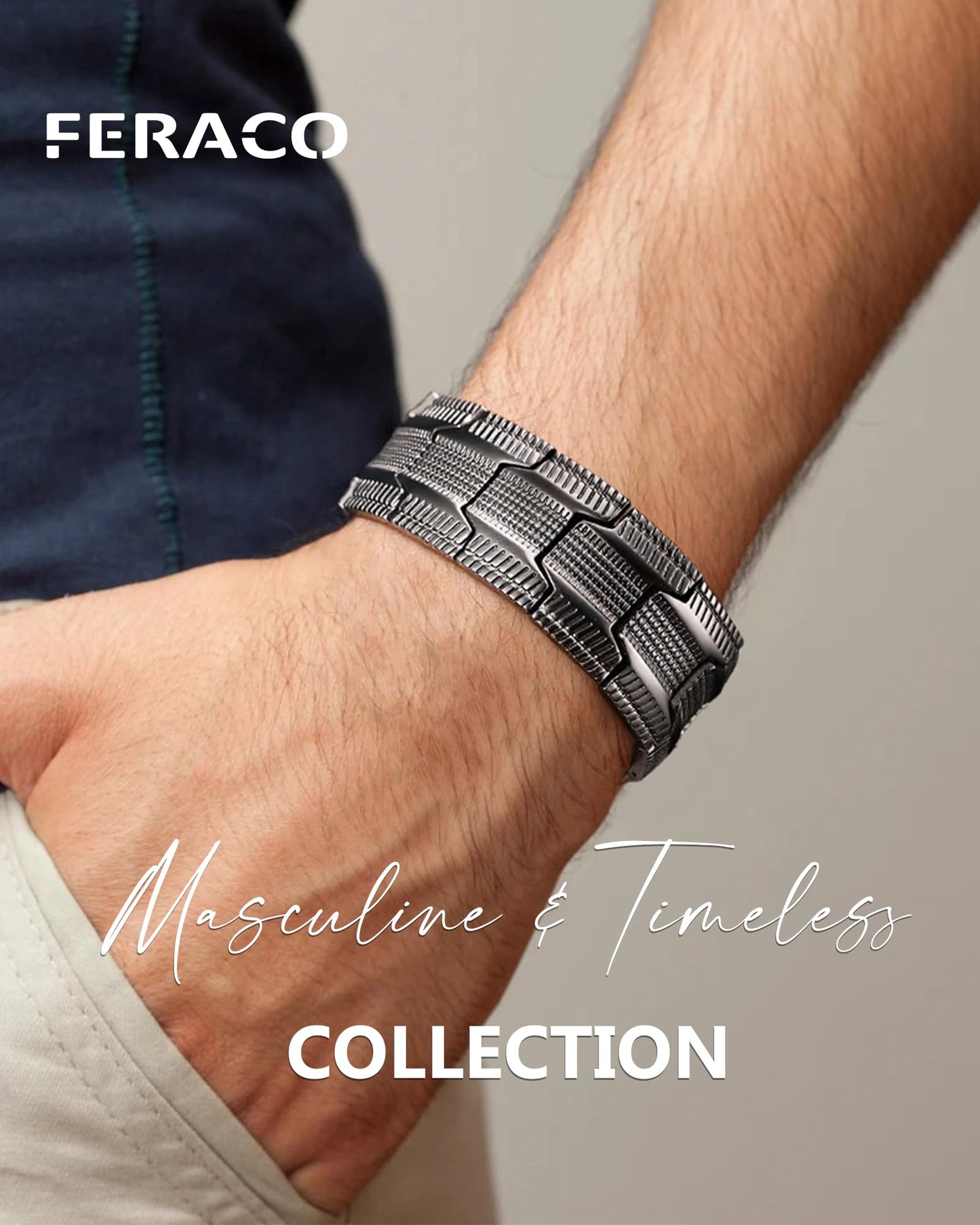 Feraco 3X Strength Copper Bracelets for Men Magnetic Bracelet with 3 Row Neodymium Magnets Adjustable Length, Pure Cooper Jewelry Gifts for Men (Gray, Tyre Graphics)