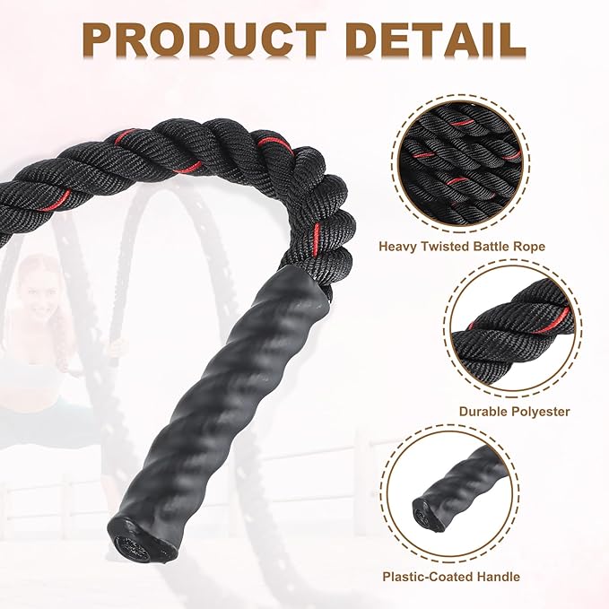 MECCANIXITY Battle Rope 40ft x 1.5 Inch Polyester Workout Rope Heavy Fitness Exercise Rope for Strength Training Home Gym Muscle Building, Black Red
