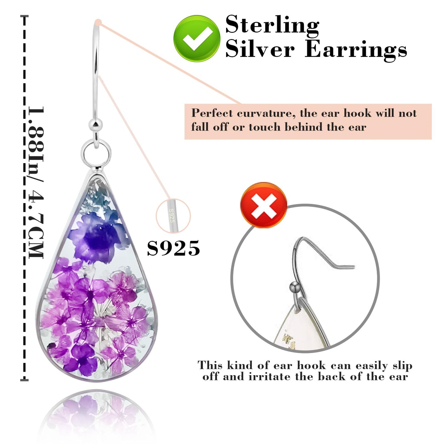 925 Sterling Silver Pressed Flower Teardrop Earrings,Hypoallergenic Women's Jewelry Gift for Mom,Handmade natural dried flower teardrop earrings Jewelry Gift (Star Flower Purple)