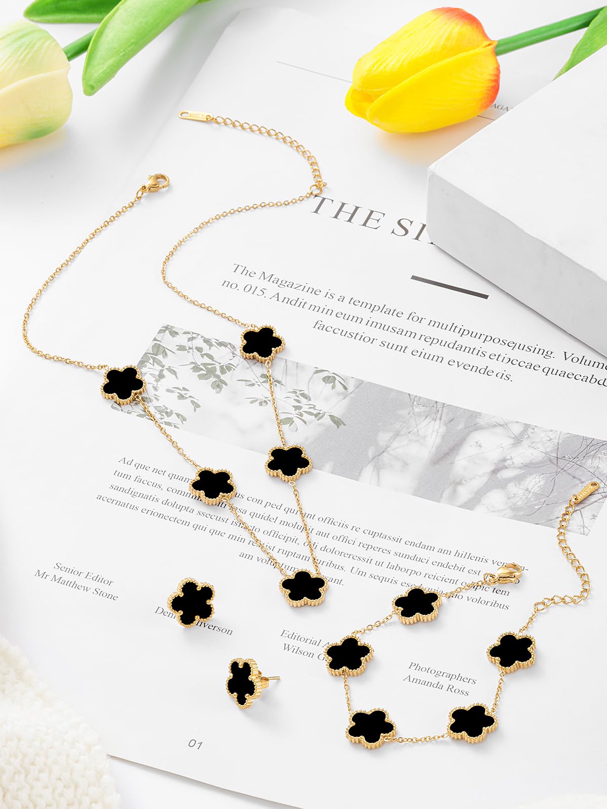 Qinpan Five Leaf Clover Necklace Bracelet and Stud Earrings Set for Women Lucky Flower Jewelry (Black-14K Gold Plated)