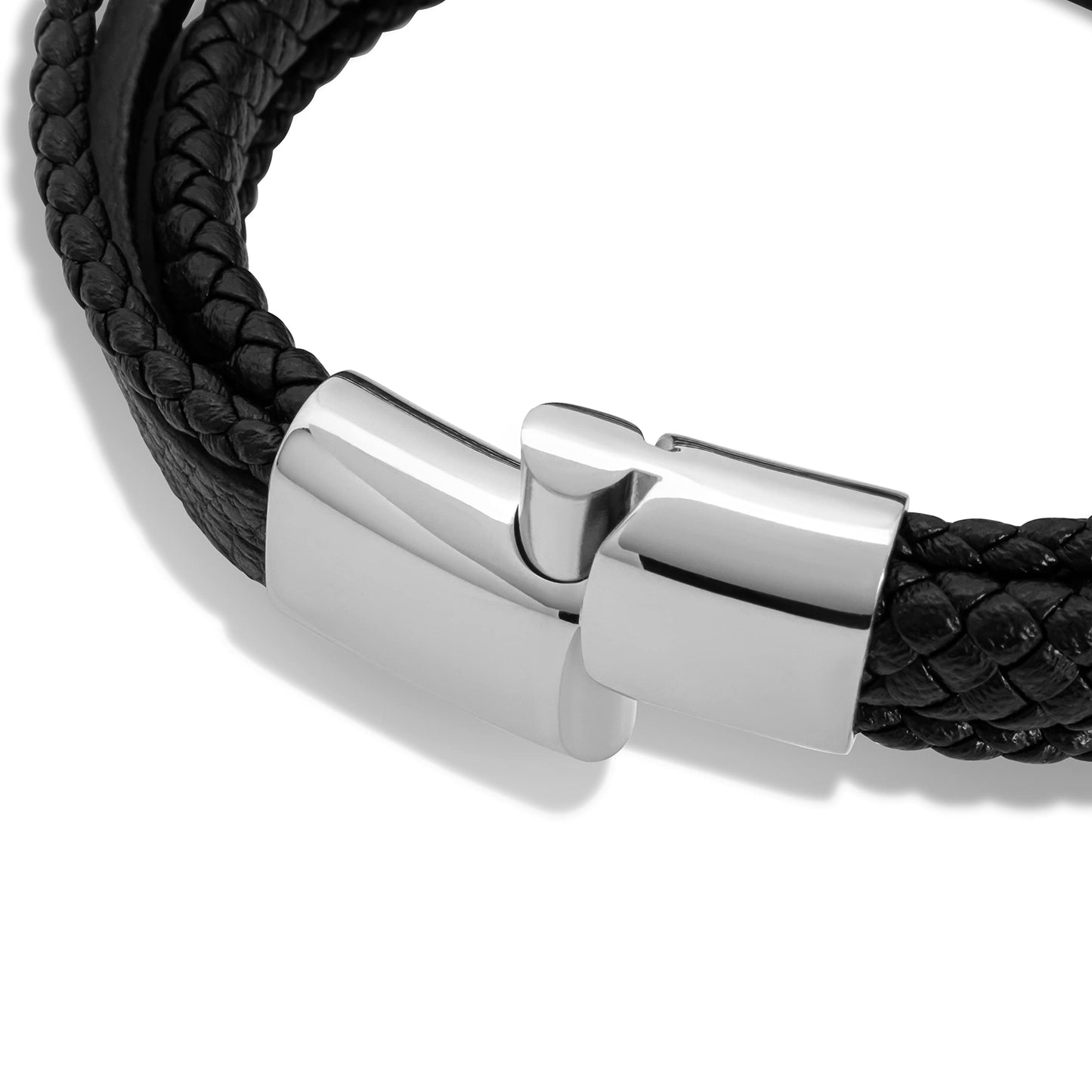 SERASAR Mens Silver Bracelets 23cm Bracelet Men Gift Box Genuine Leather Cowhide Braided Magnetic Clasp Multi Layer Wrap Rope Man Mans Male Band Jewelry Magnet Accessories