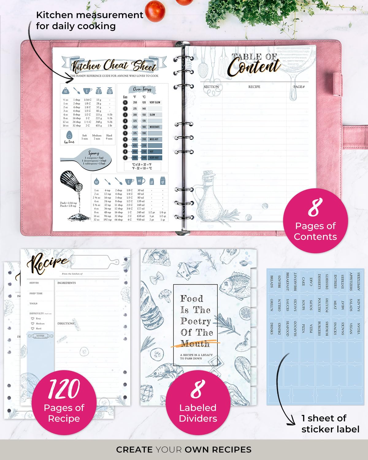molekaus Recipe Book ，Blank Recipe Book to Write in Your Own Recipes，Recipe Notebook for Family Cooking， Removable Hardcover 7" x 10"Recipe Journal with 160 Pages - Pink