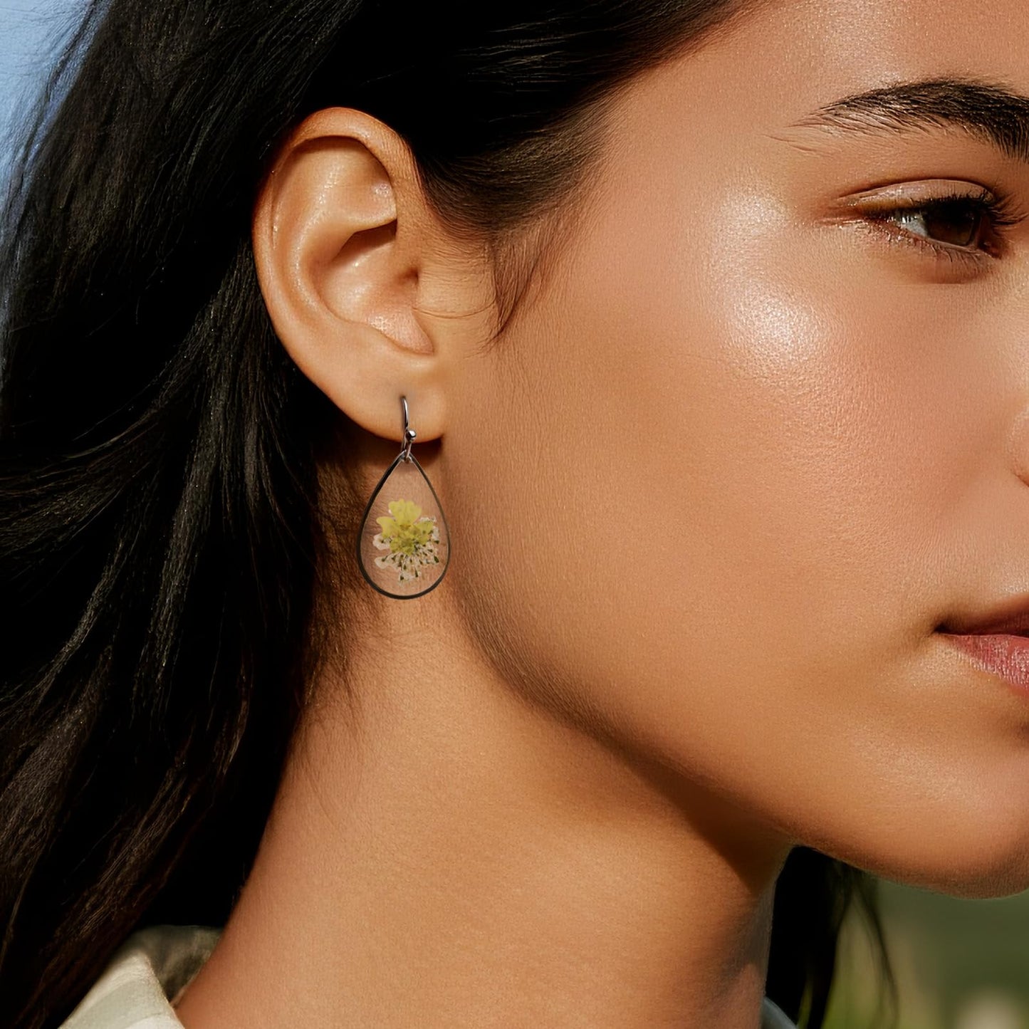 Jean Beau Handmade Pressed Flower Earrings for Women, Unique Resin Yellow Dried Flowers Sterling Silver Teardrop Dangle Drop Nature Floral Earings Fashion Summer Jewelry Gift