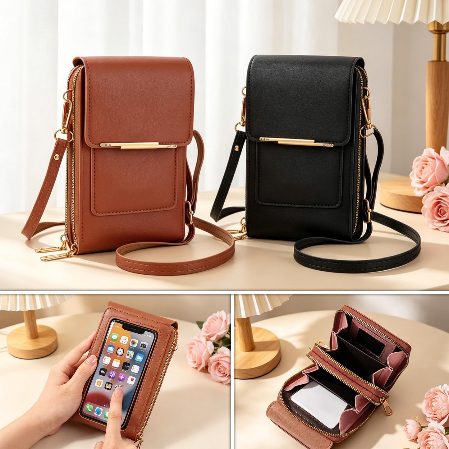 Touchscreen Phone Crossbody Purse for Women, Anti-Theft PU Leather Messenger Bag, Sensitive Touch Screen Window, Adjustable Strap (Black)