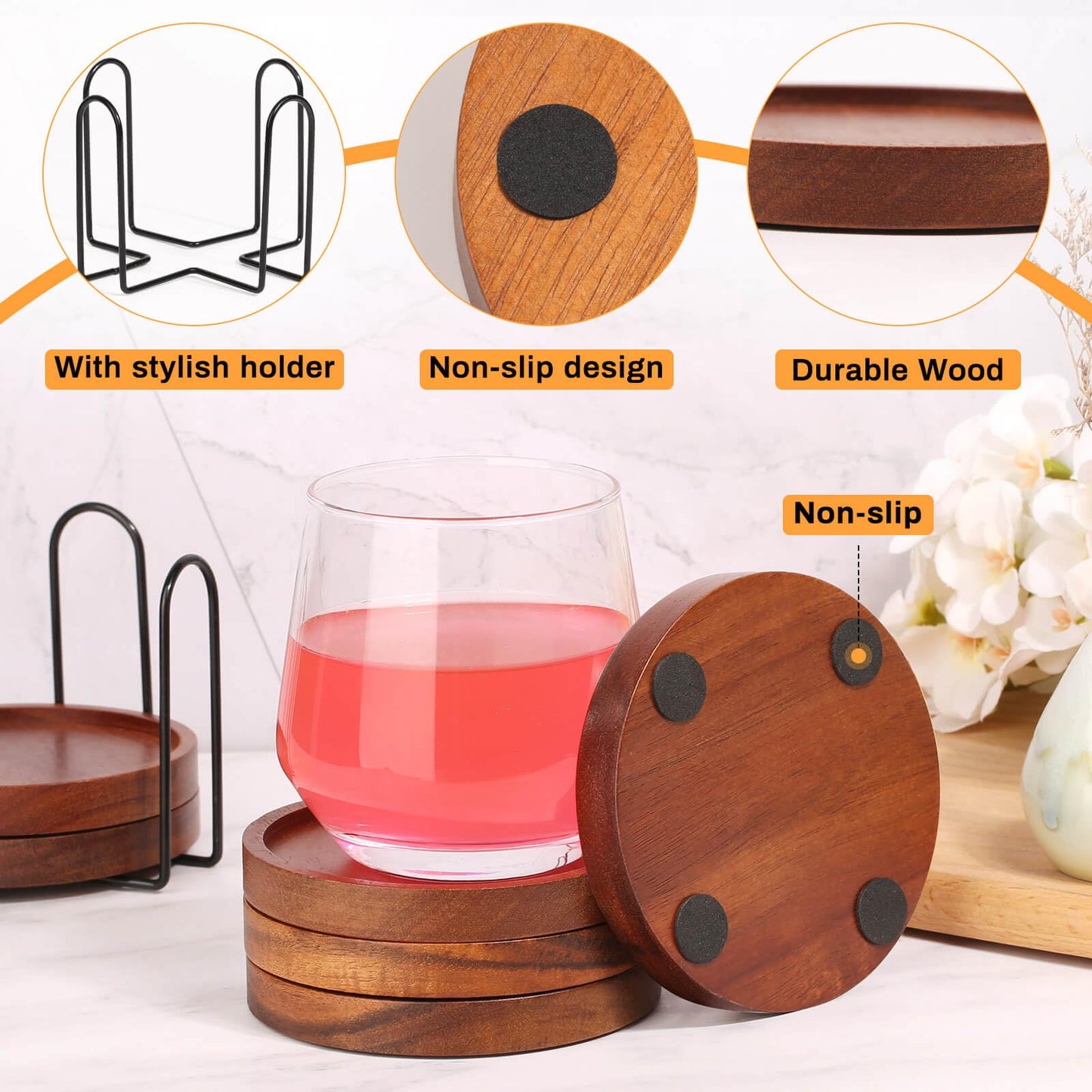 Mckanti Wooden Coasters Set of 6 with Holder, Acacia Wood Drink Coasters for Farmhouse, Patio, Bar Decoration