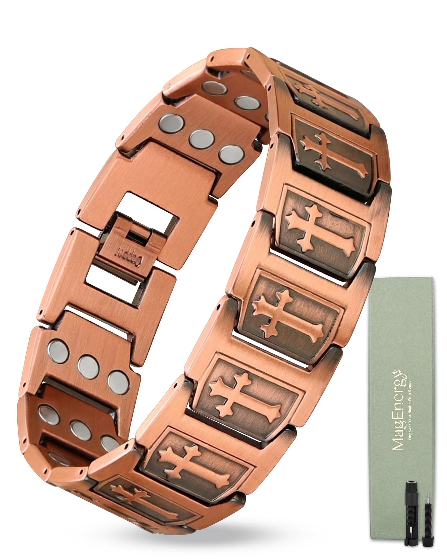 MagEnergy 99.99% Copper Bracelet for Men, Cross Copper Magnetic Bracelet with 3800 Gauss Magnets, Adjustable with Sizing Tool, Pulsera de cobre para Hombre, Men's Jewelry Gift